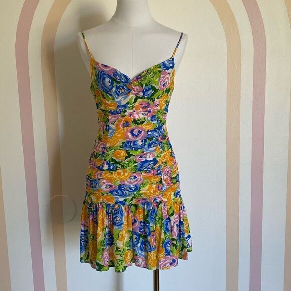 Zara Multicolor Ruched Floral Mini Dress Size Medium - Picture 2 of 11
